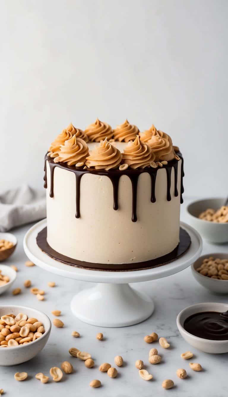 A one-layer cake with peanut butter swirls on top, surrounded by scattered peanuts and a drizzle of chocolate sauce