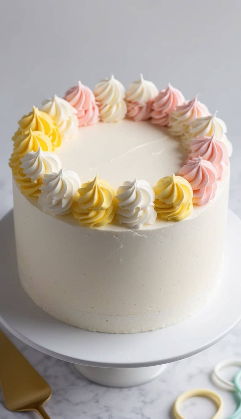A single-layer cake with whipped cream rosettes in various sizes and colors, arranged in a decorative pattern on top of the cake