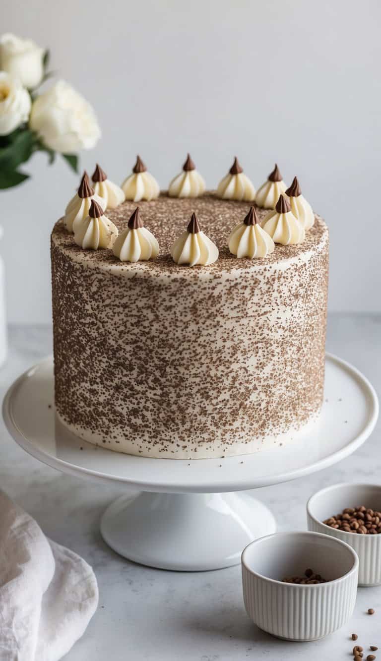 A deep espresso sprinkle cake sits on a white platter, adorned with simple yet elegant one-layer decorations