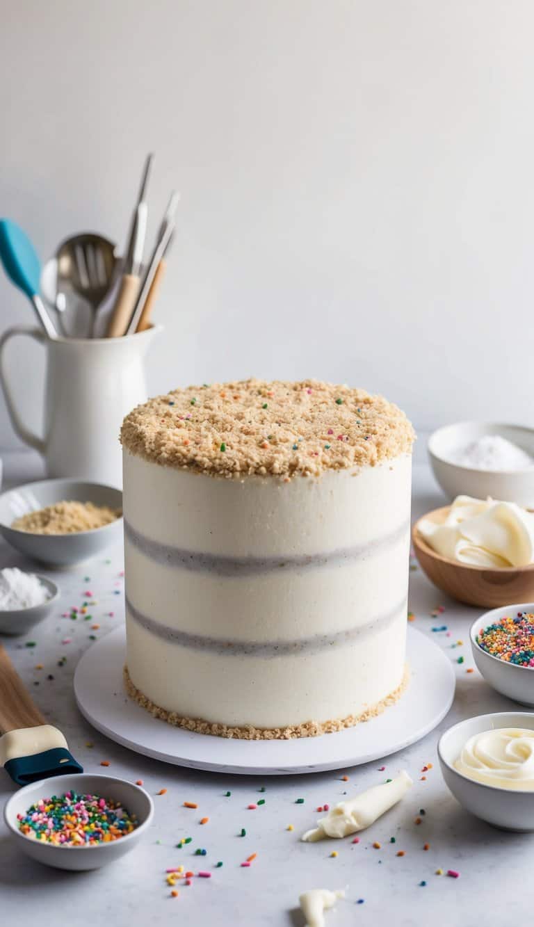 A single-layer cake with a cookie crumble coating, topped with colorful sprinkles and surrounded by various decorating tools and ingredients