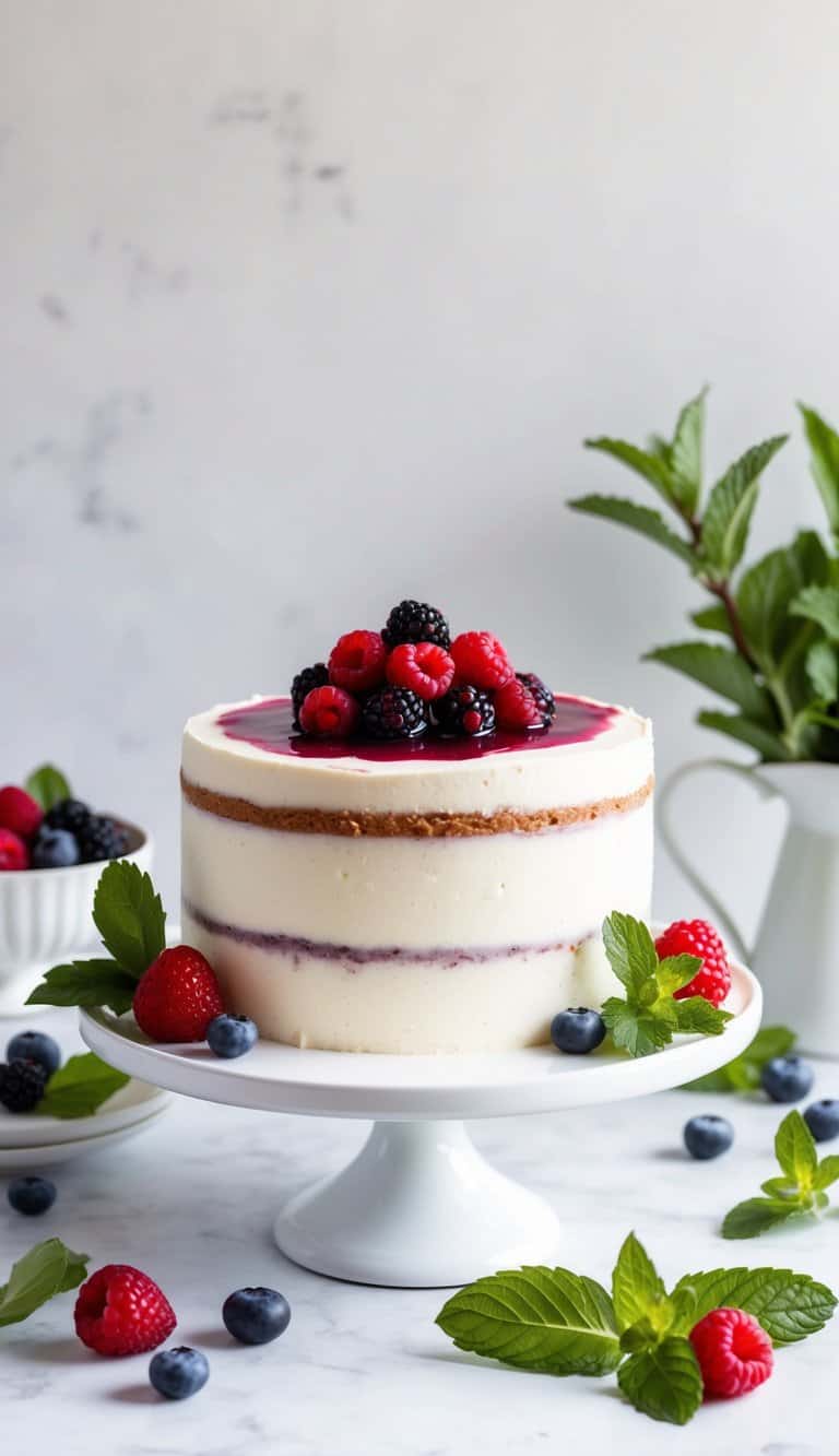 A one-layer cake topped with a vibrant berry compote, surrounded by fresh berries and mint leaves on a white cake stand