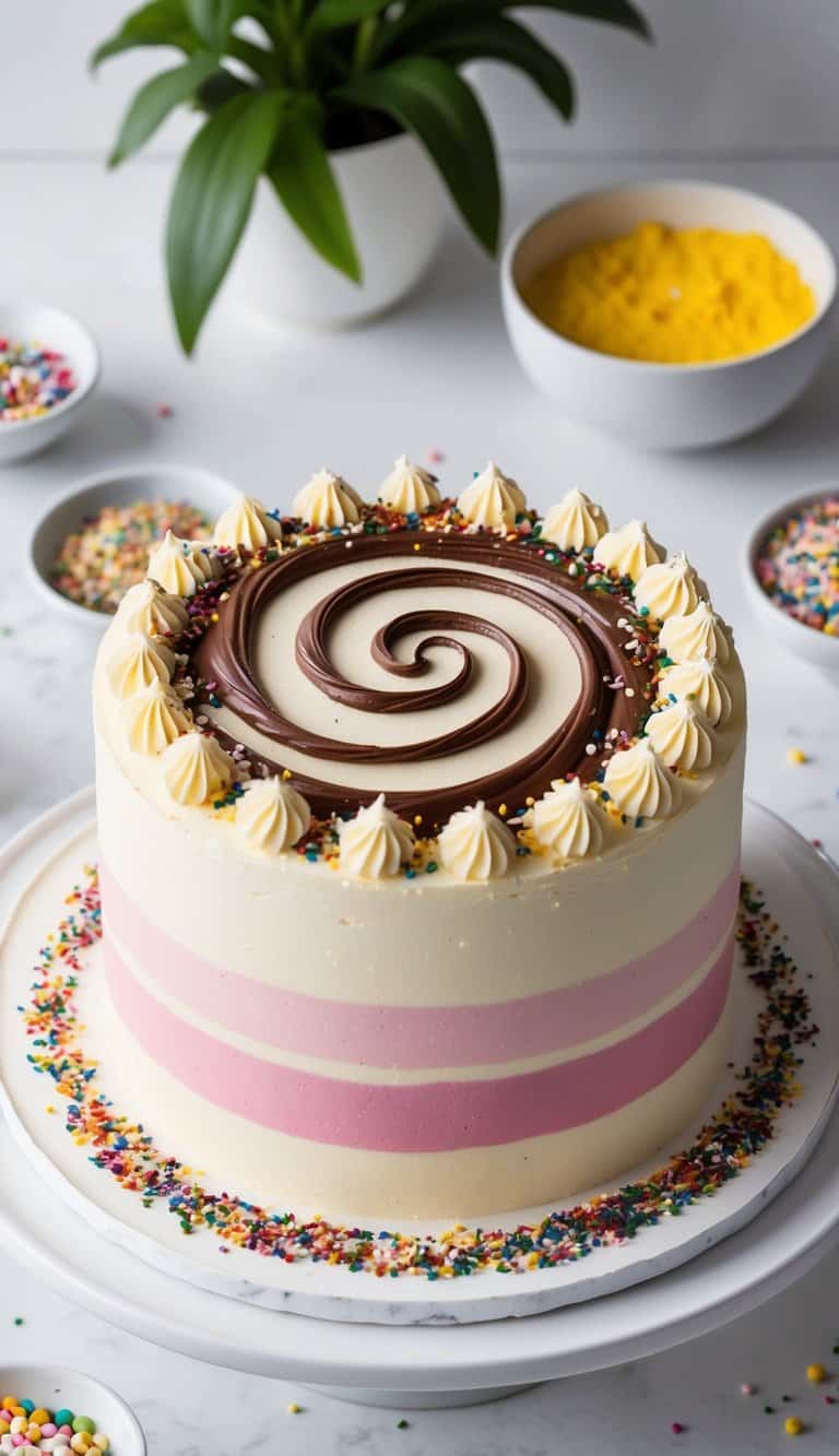 A colorful, one-layer cake with a Nutella swirl design, surrounded by various decorative toppings and sprinkles