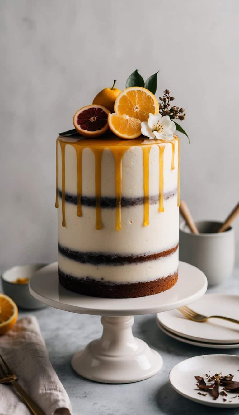 A single-layer cake with a warm honey drizzle, adorned with simple yet elegant decorations such as fresh fruit, edible flowers, or chocolate shavings
