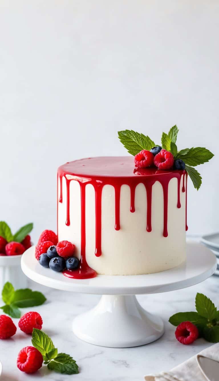 A vibrant raspberry coulis drips down the side of a simple one-layer cake, surrounded by fresh berries and mint leaves for decoration