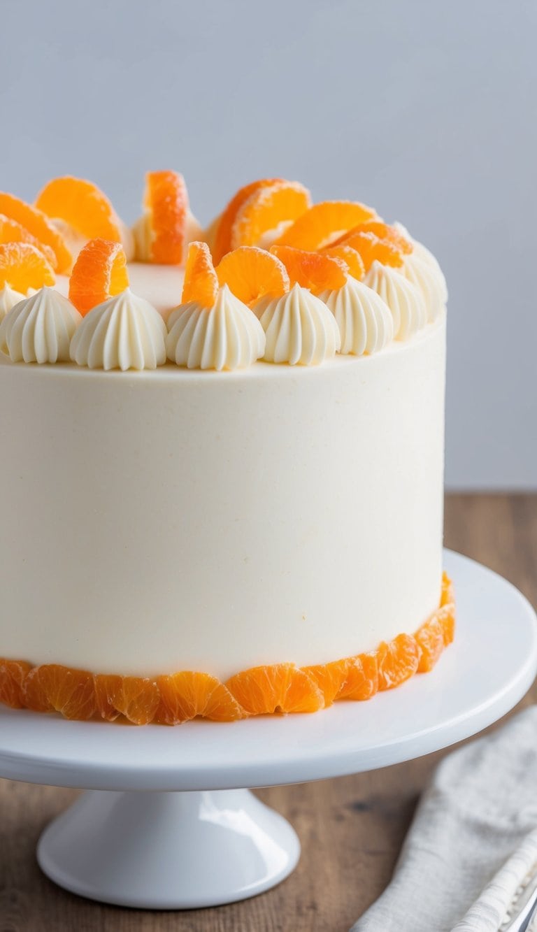 A one-layer cake topped with candied orange peel and a simple border of piped icing