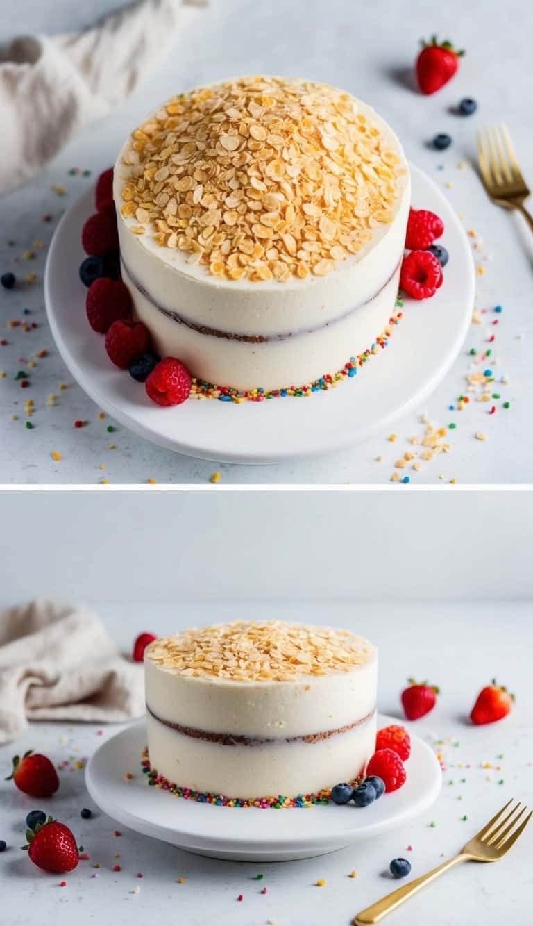 A simple one-layer cake topped with sweetened flaked grains, surrounded by colorful sprinkles and fresh berries