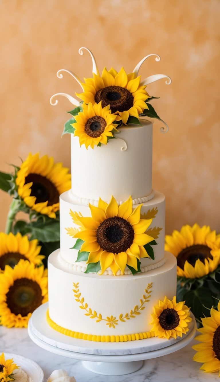 A sunflower fairy cake surrounded by vibrant sunflowers, with a warm, sunny backdrop