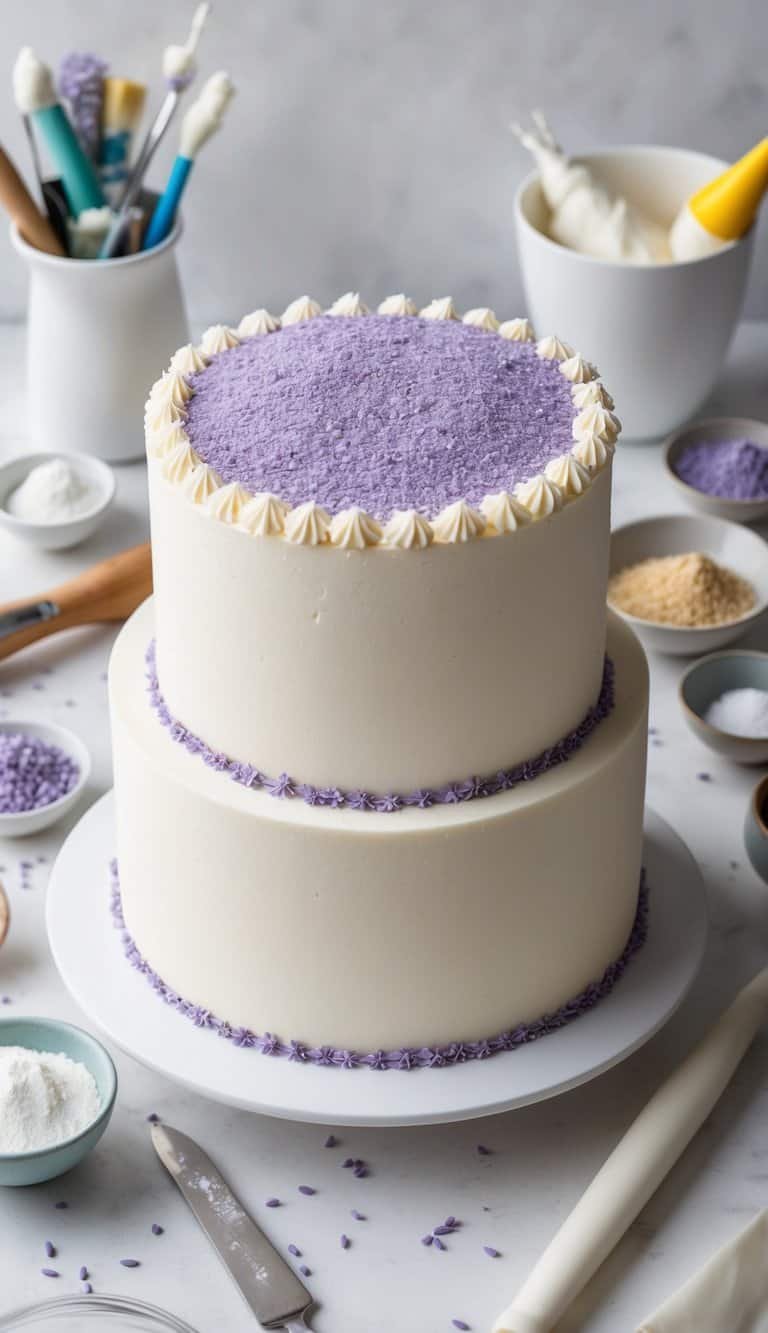 A one-layer cake with lavender sugar sprinkles on top, surrounded by various decorating tools and ingredients