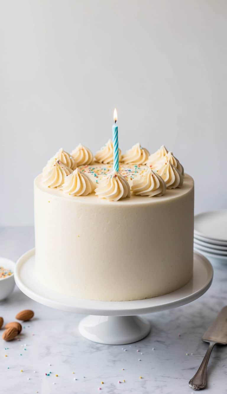 A round birthday cake with amaretto almond flavor, topped with simple decorations like sprinkles or a single candle