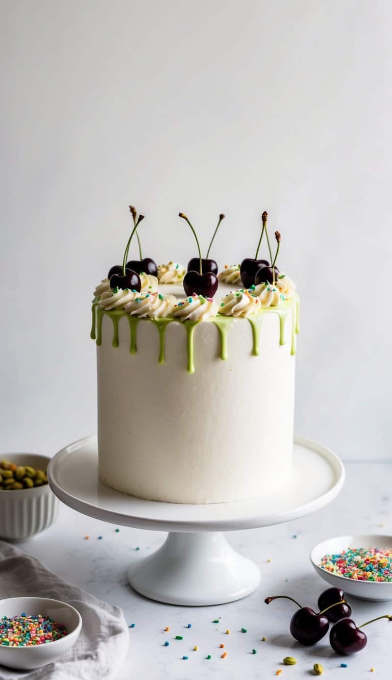 A cherry almond birthday cake with simple decorations on a festive table