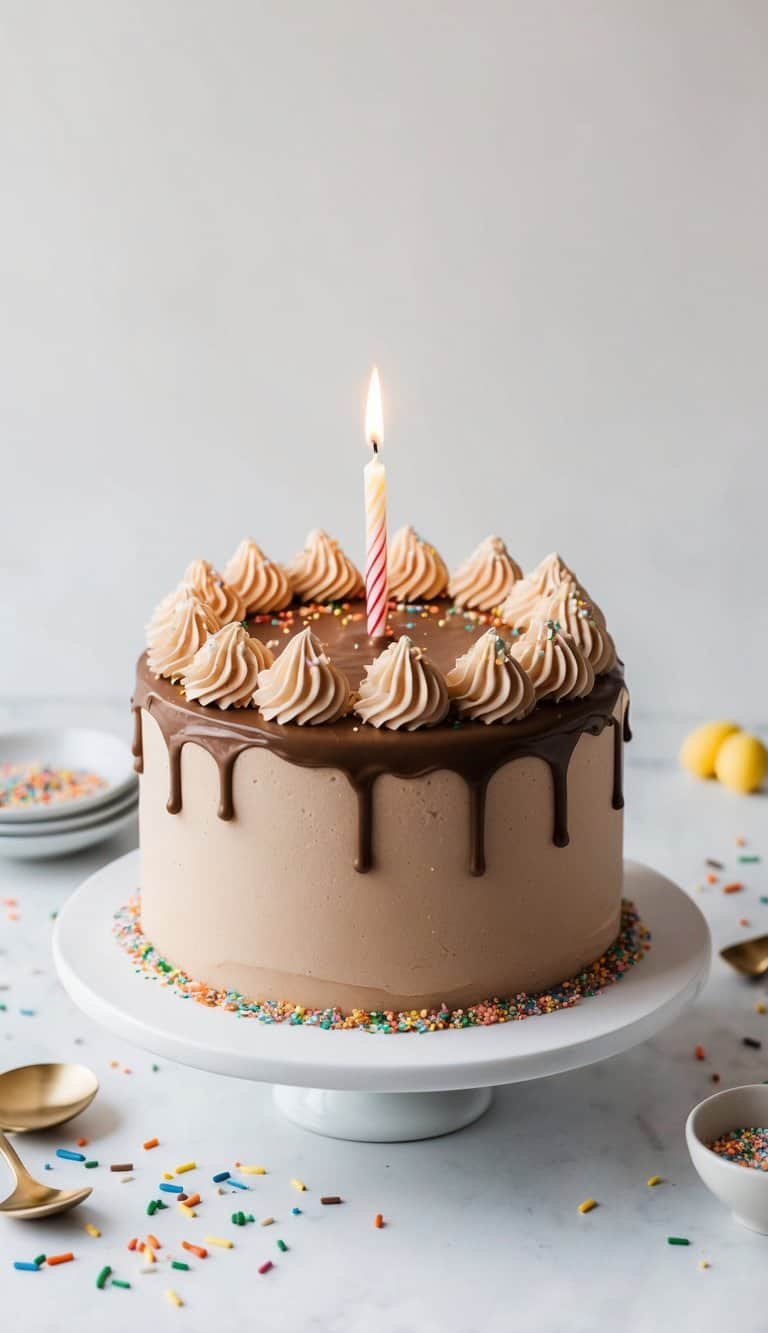 A decadent Nutella birthday cake surrounded by colorful sprinkles and topped with a single lit candle