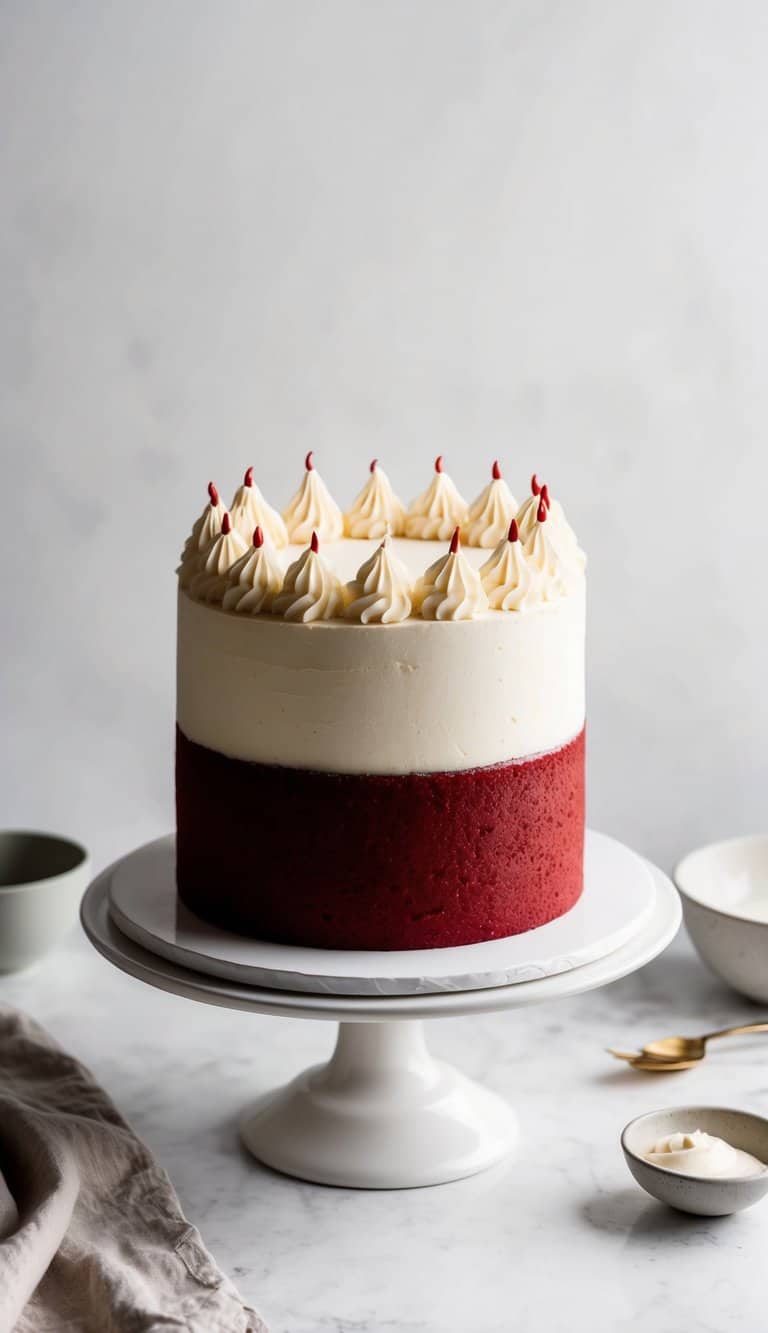 A classic red velvet birthday cake with white frosting and simple decorations on a cake stand