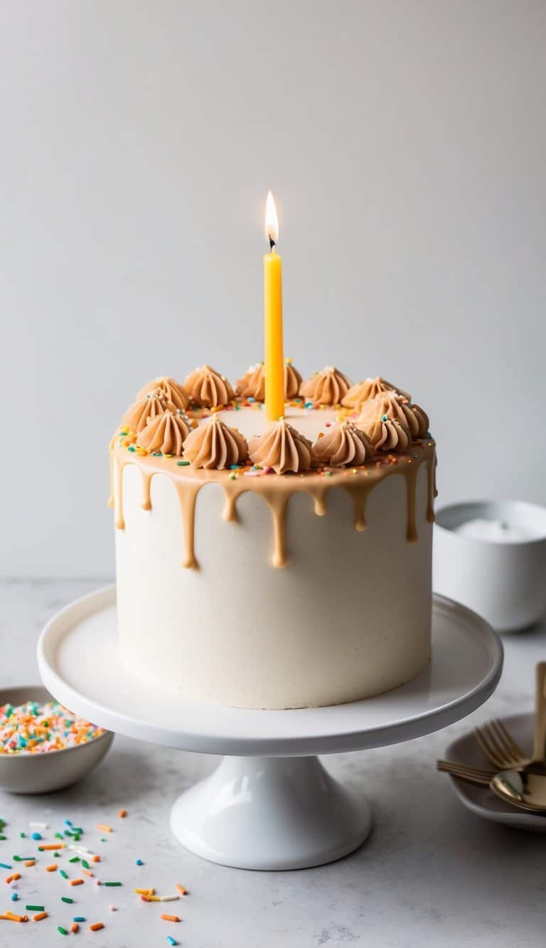 A caramel toffee crunch birthday cake adorned with colorful sprinkles and a single lit candle