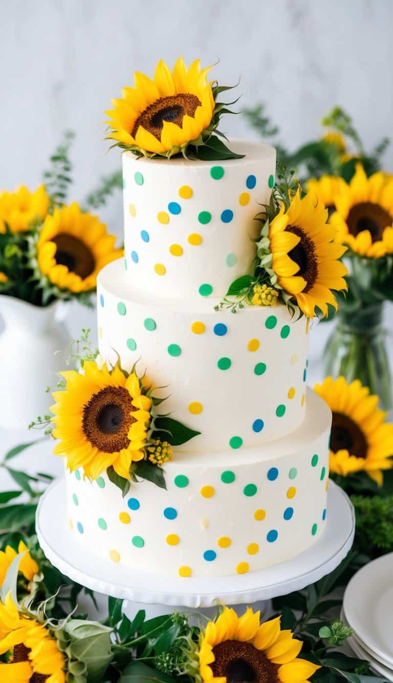 A sunflower confetti cake surrounded by vibrant sunflowers and greenery, with a bright and cheerful atmosphere