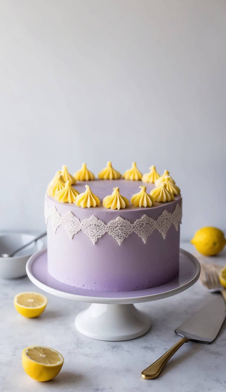 A round lavender cake with lemon frosting and delicate lace decoration