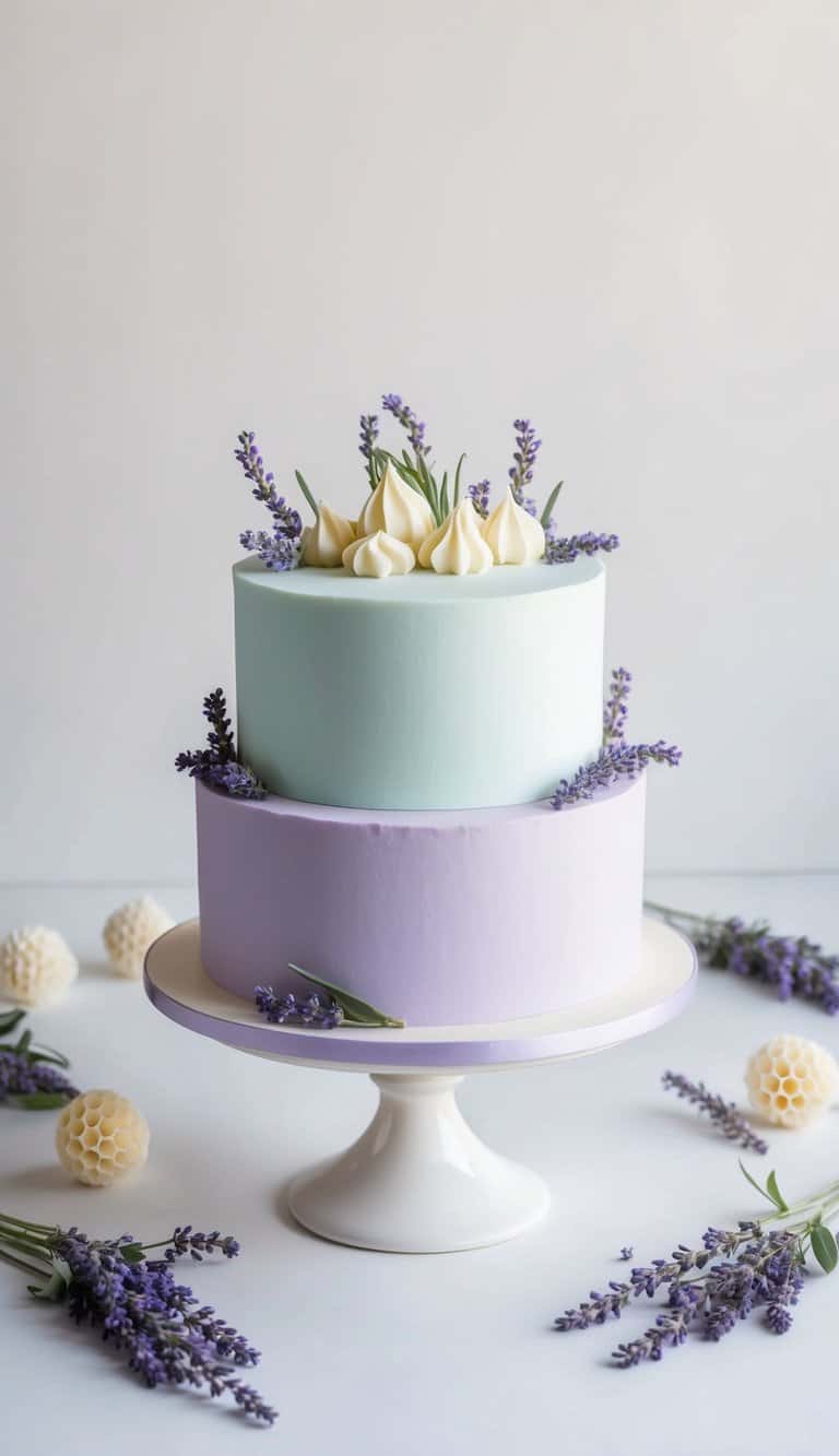 A serene, pastel-colored birthday cake surrounded by sprigs of lavender and honeycomb accents