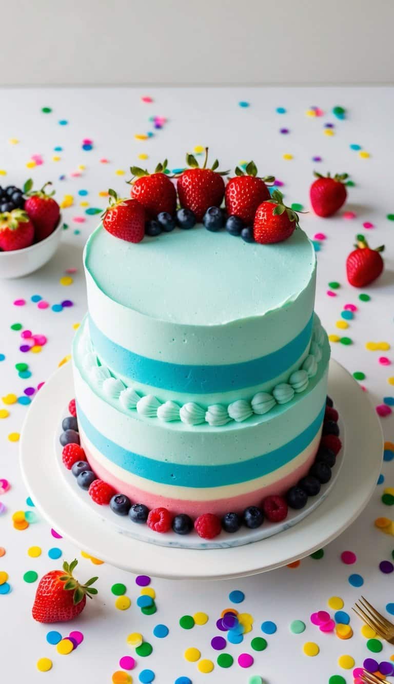 A vibrant triple berry delight birthday cake surrounded by colorful confetti and festive decorations