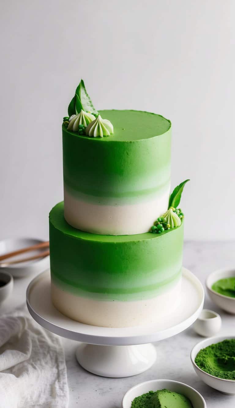 A vibrant green matcha green tea cake adorned with simple decorations