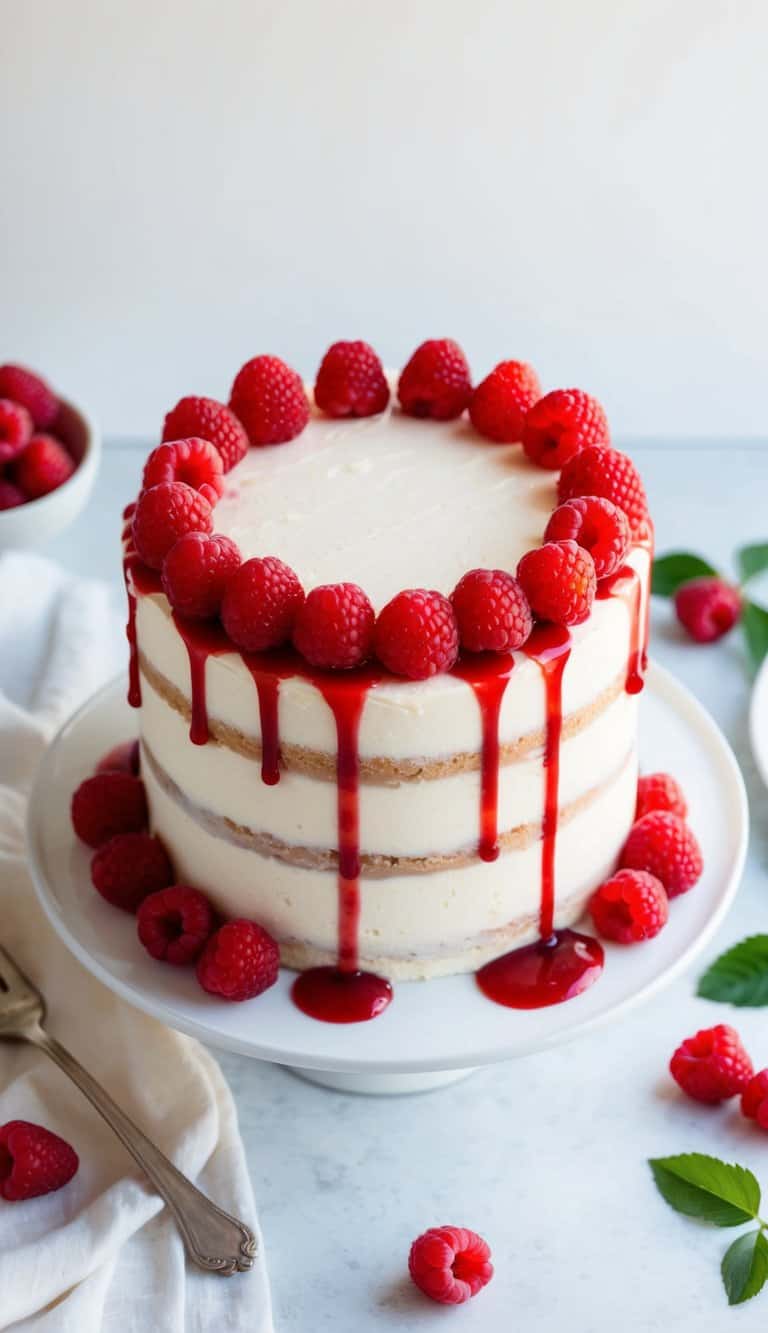 A peach melba cake surrounded by fresh raspberries and drizzled with a raspberry sauce, with a simple yet elegant decoration