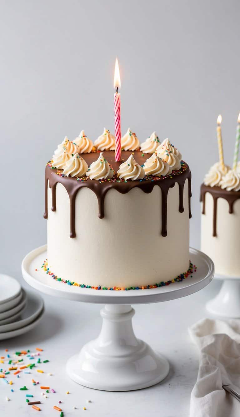 A chocolate malt birthday cake with colorful sprinkles and a lit candle on top