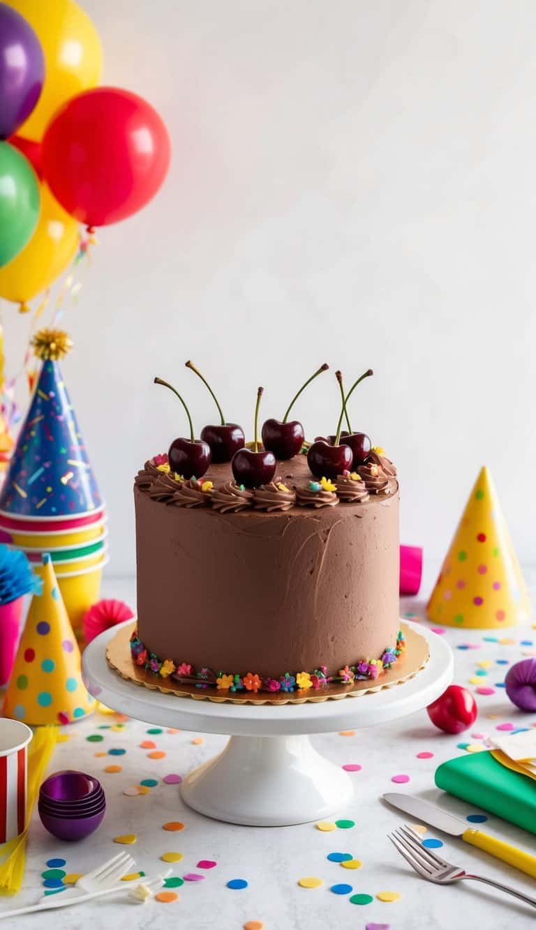 A chocolate cake adorned with cherries and colorful decorations sits on a cake stand, surrounded by festive party supplies and confetti