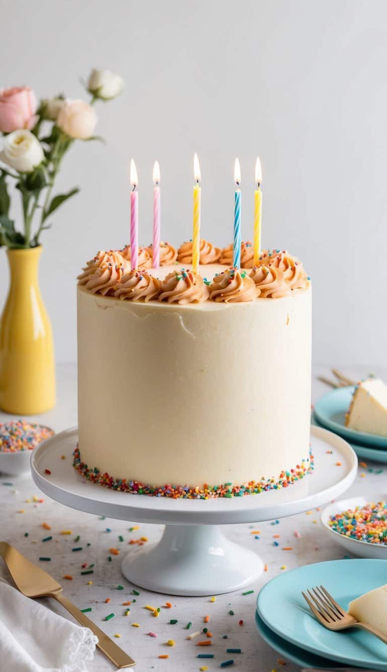 A butterscotch birthday cake adorned with colorful sprinkles and a single candle on a festive table