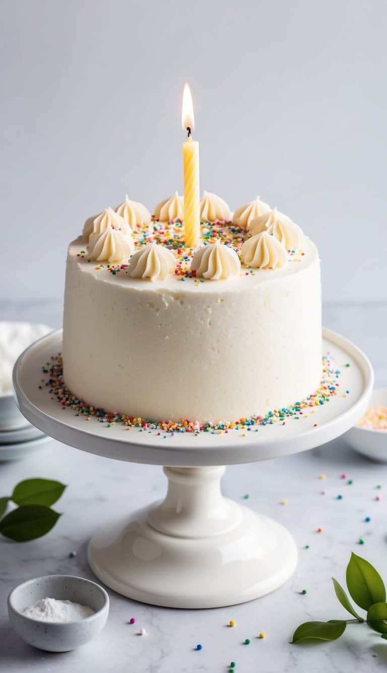 A coconut cream cloud cake surrounded by colorful sprinkles and topped with a single lit candle