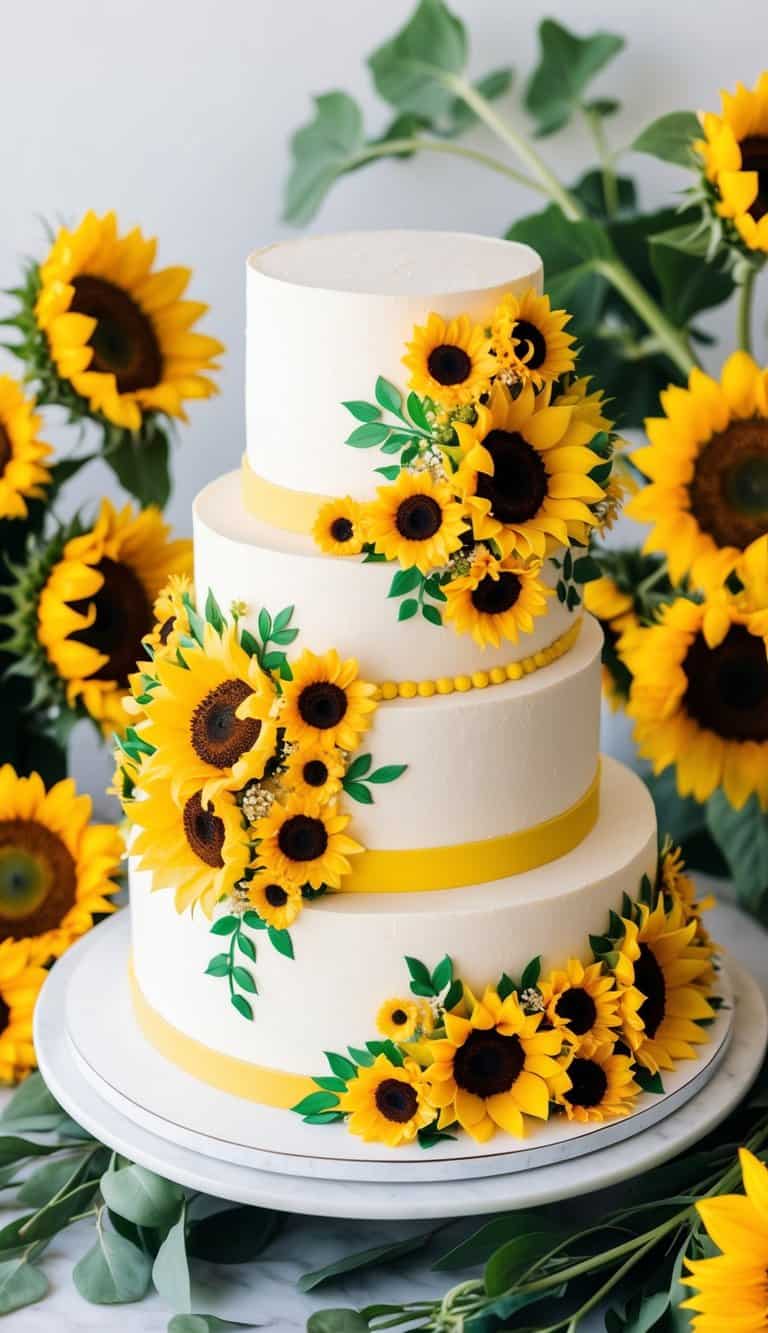 A sunflower floral arrangement cake sits on a table, surrounded by vibrant sunflowers and greenery. The cake is adorned with sunflower decorations and exudes a cheerful and celebratory vibe