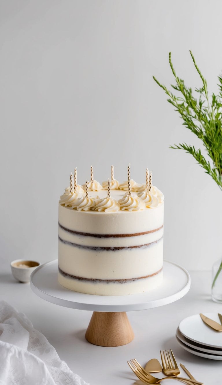 A birthday cake with rum cream frosting, adorned with simple decorations