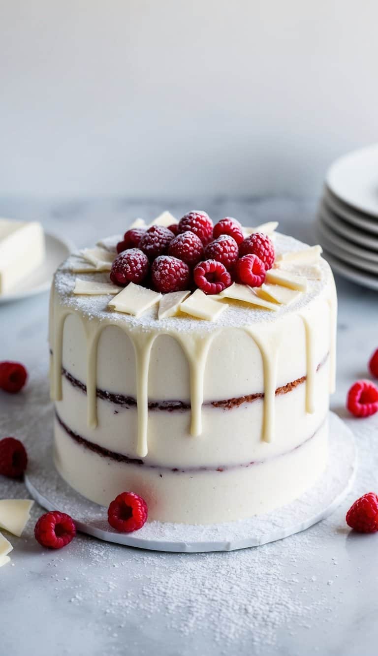 A white chocolate raspberry cake surrounded by fresh raspberries and decorated with white chocolate shavings and a dusting of powdered sugar