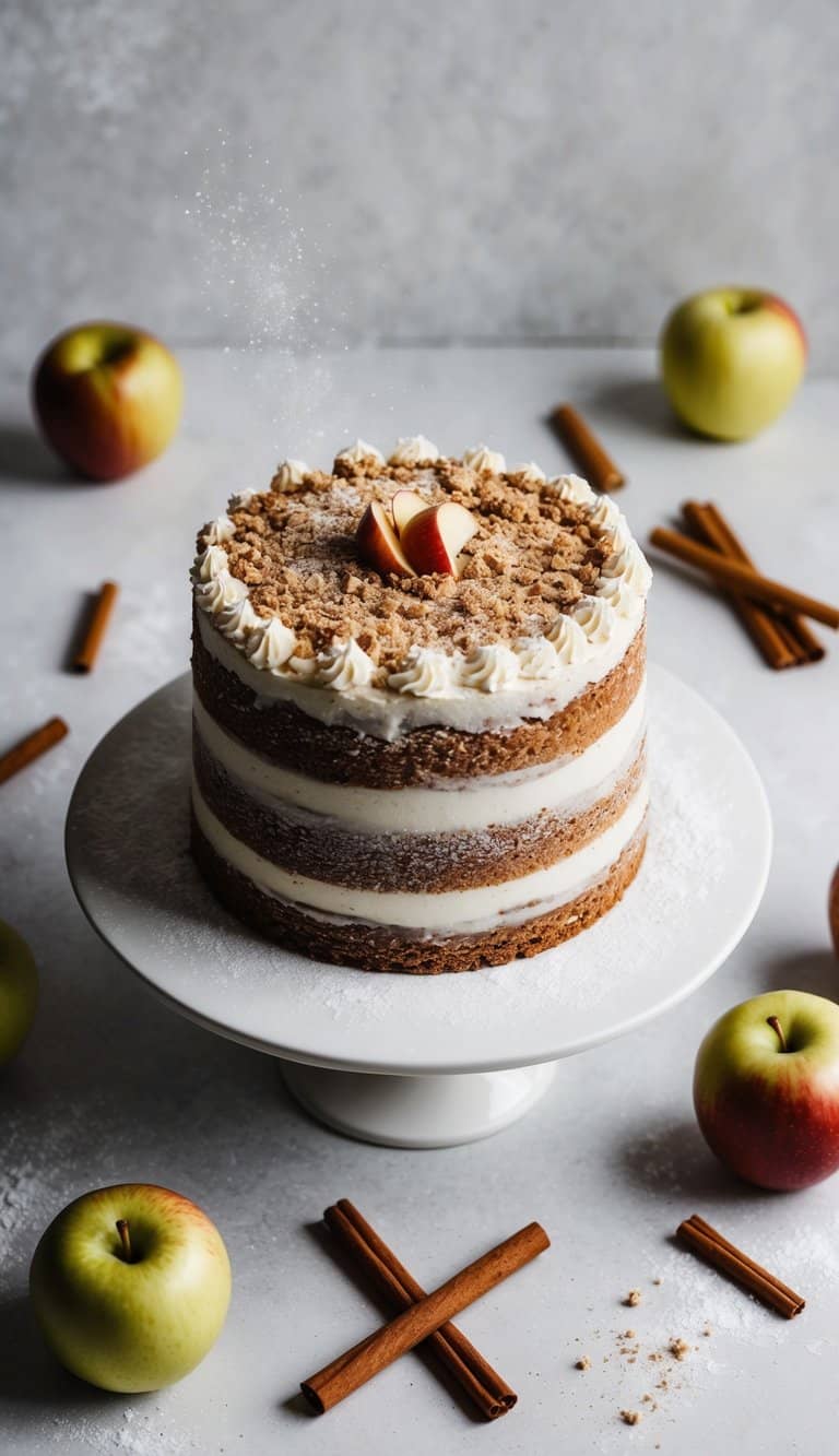 A rustic apple crumble cake surrounded by scattered cinnamon sticks and fresh apples, with a sprinkle of powdered sugar on top