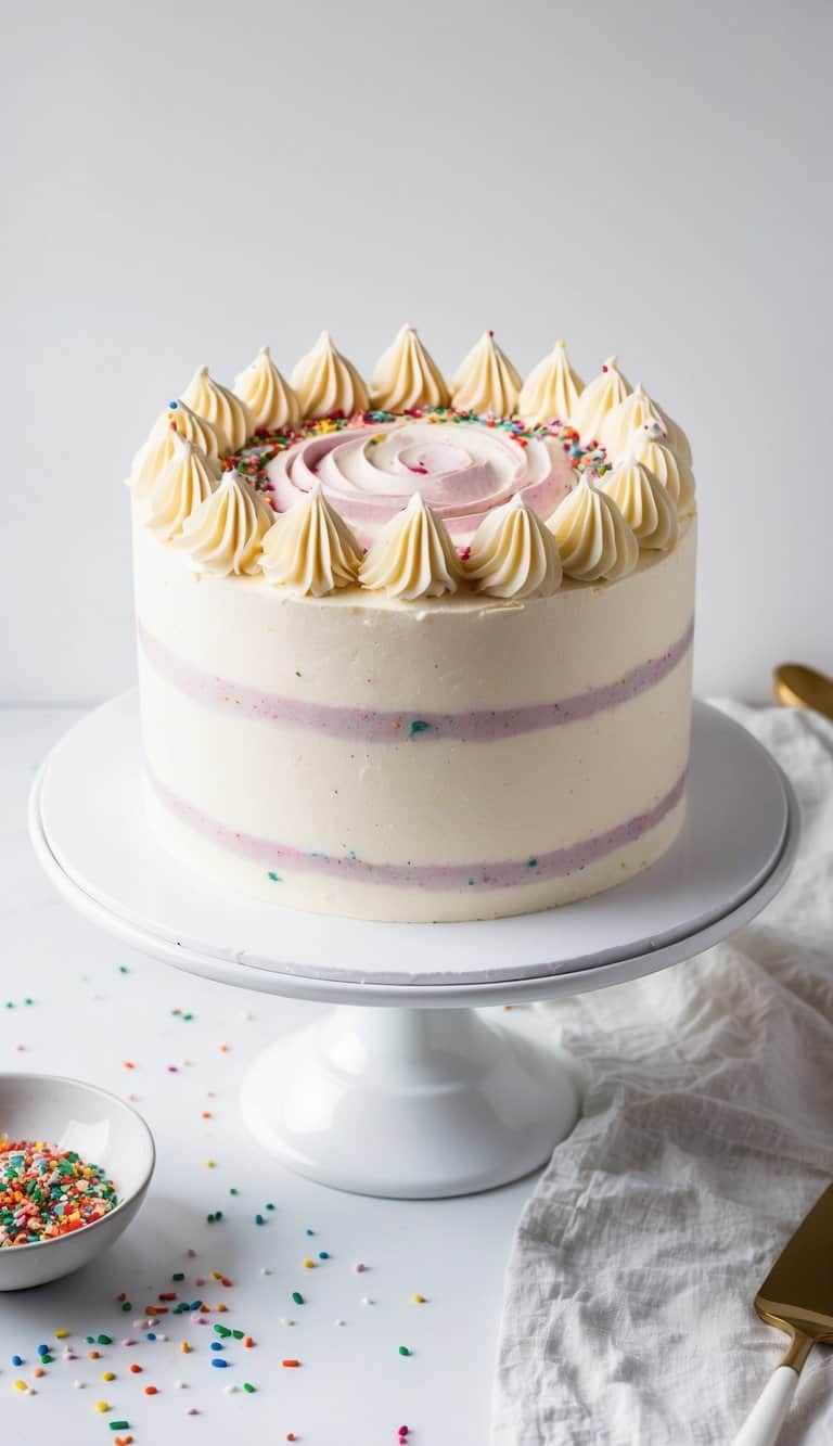 A raspberry cream swirl birthday cake with colorful sprinkles on a white cake stand