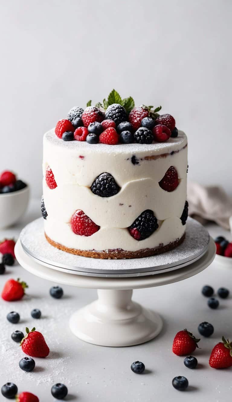 A decadent mixed berry mascarpone cake adorned with fresh berries and a dusting of powdered sugar sits on a cake stand, surrounded by scattered berries and a simple, elegant backdrop
