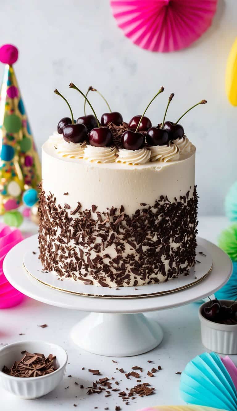 A decadent Black Forest cake adorned with cherries and chocolate shavings sits on a white cake stand, surrounded by festive party decorations