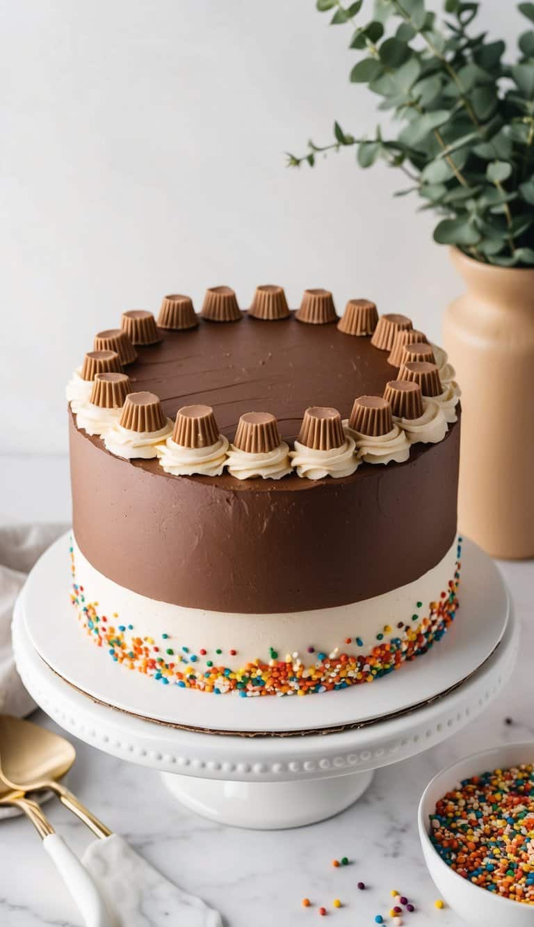 A chocolate cake topped with peanut butter cups and colorful sprinkles