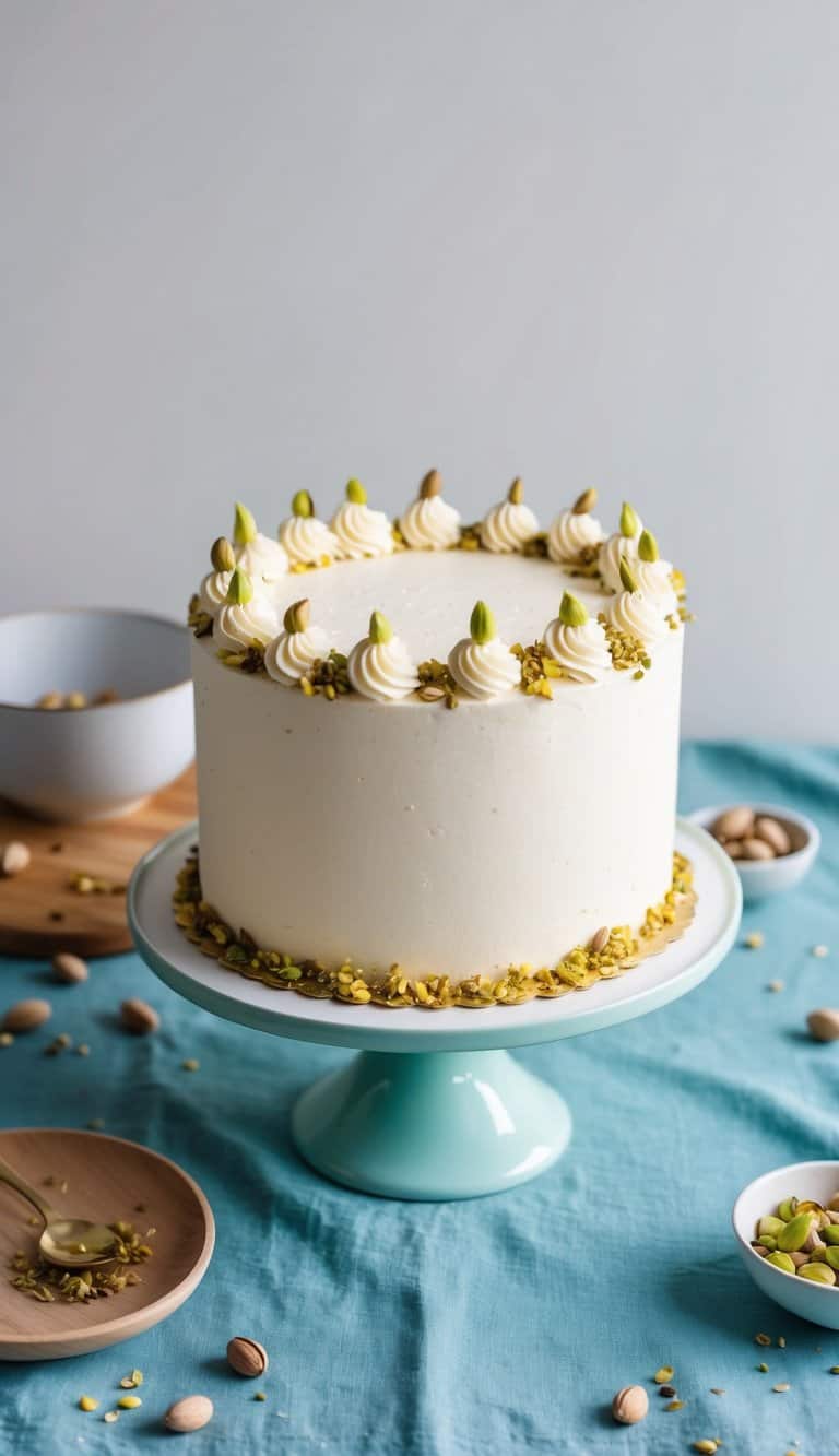 A charming birthday cake decorated with pistachios and cardamom on a festive table