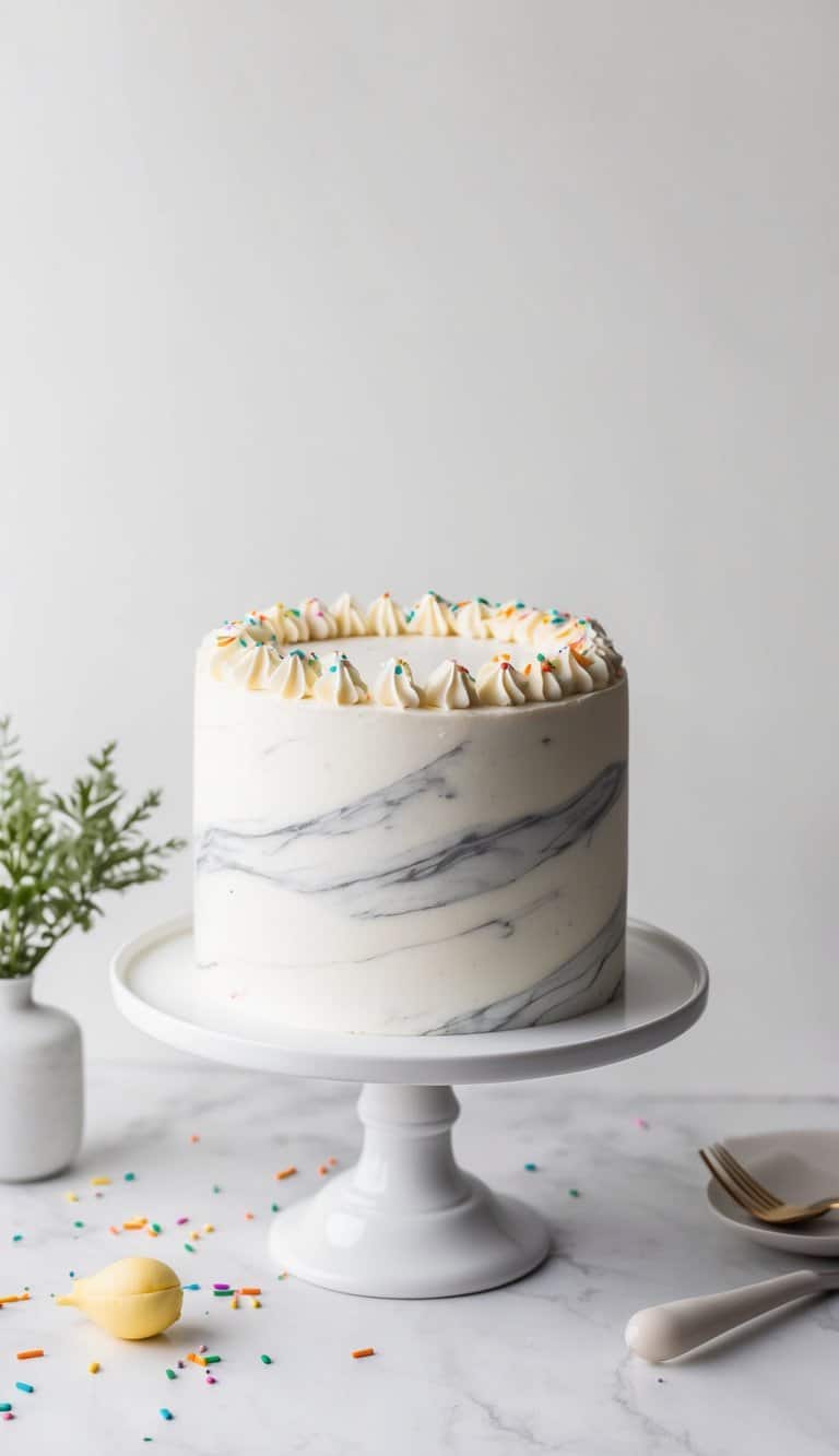 A classic marble birthday cake with colorful sprinkles on a white cake stand