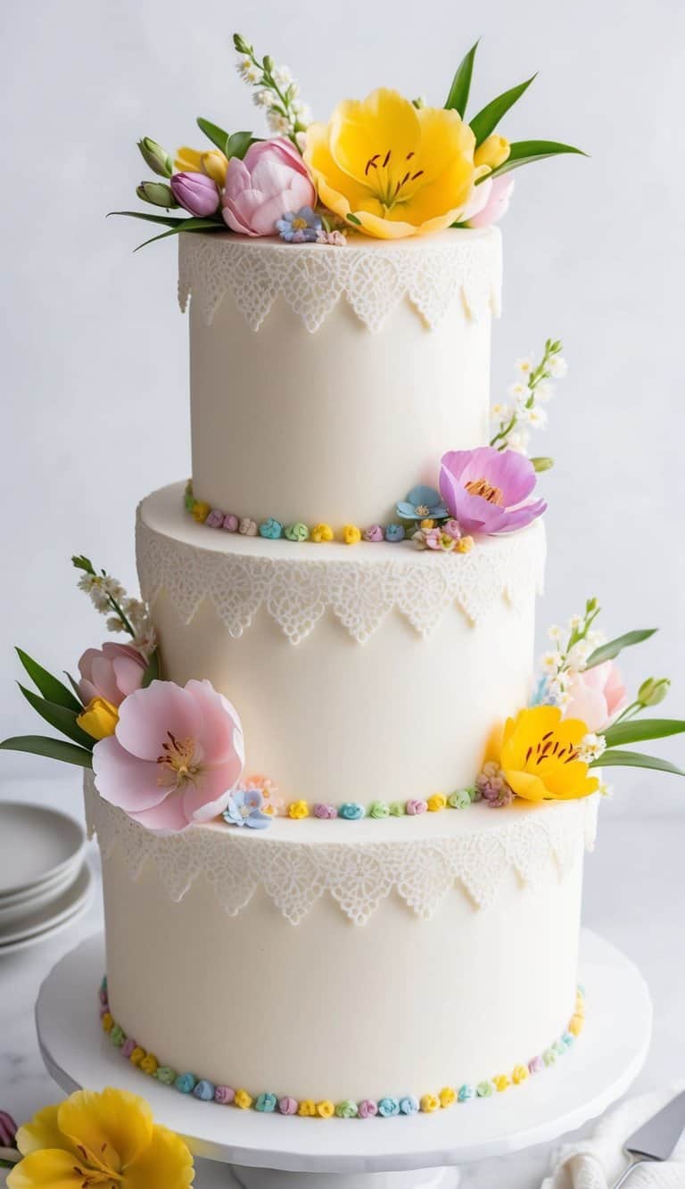 A white chocolate lace-edged spring cake adorned with vibrant flowers and pastel-colored decorations