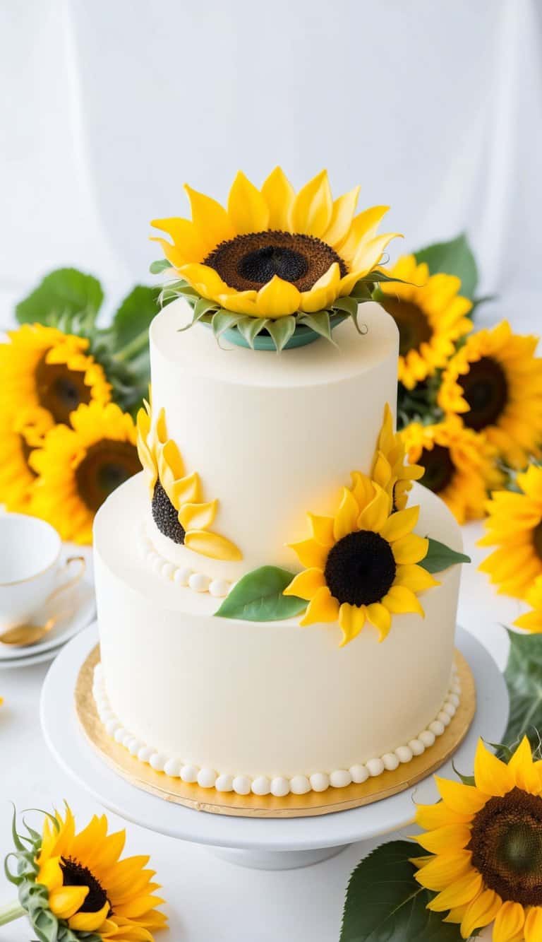 A sunflower tea cake surrounded by vibrant sunflowers and a bright, sunny backdrop