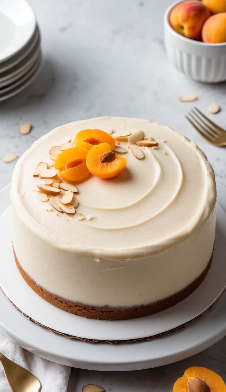 A round apricot almond cake with a smooth, creamy frosting and sprinkled with sliced almonds