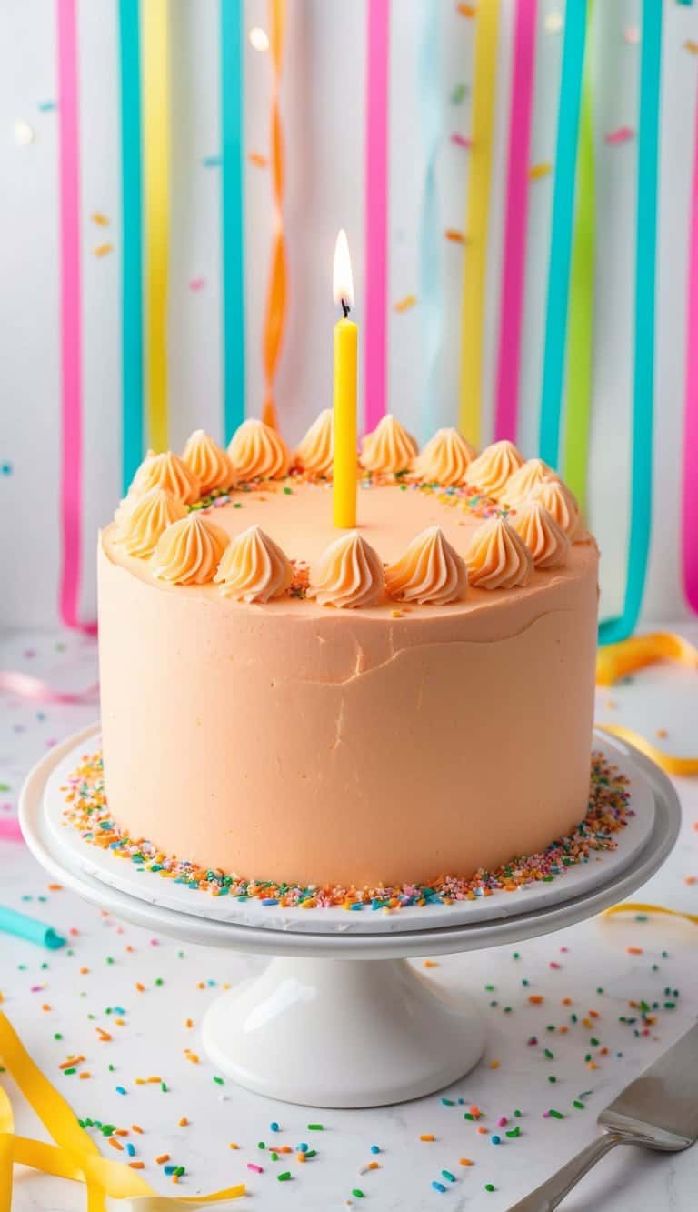 A vibrant orange creamsicle cake surrounded by colorful sprinkles and topped with a single lit candle, set against a cheerful backdrop of confetti and streamers