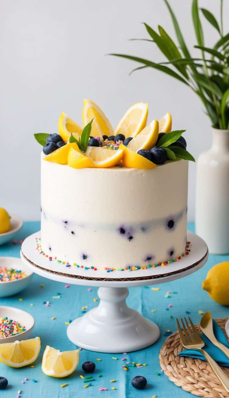 A vibrant lemon blueberry cake adorned with fresh fruit and colorful sprinkles on a festive birthday table