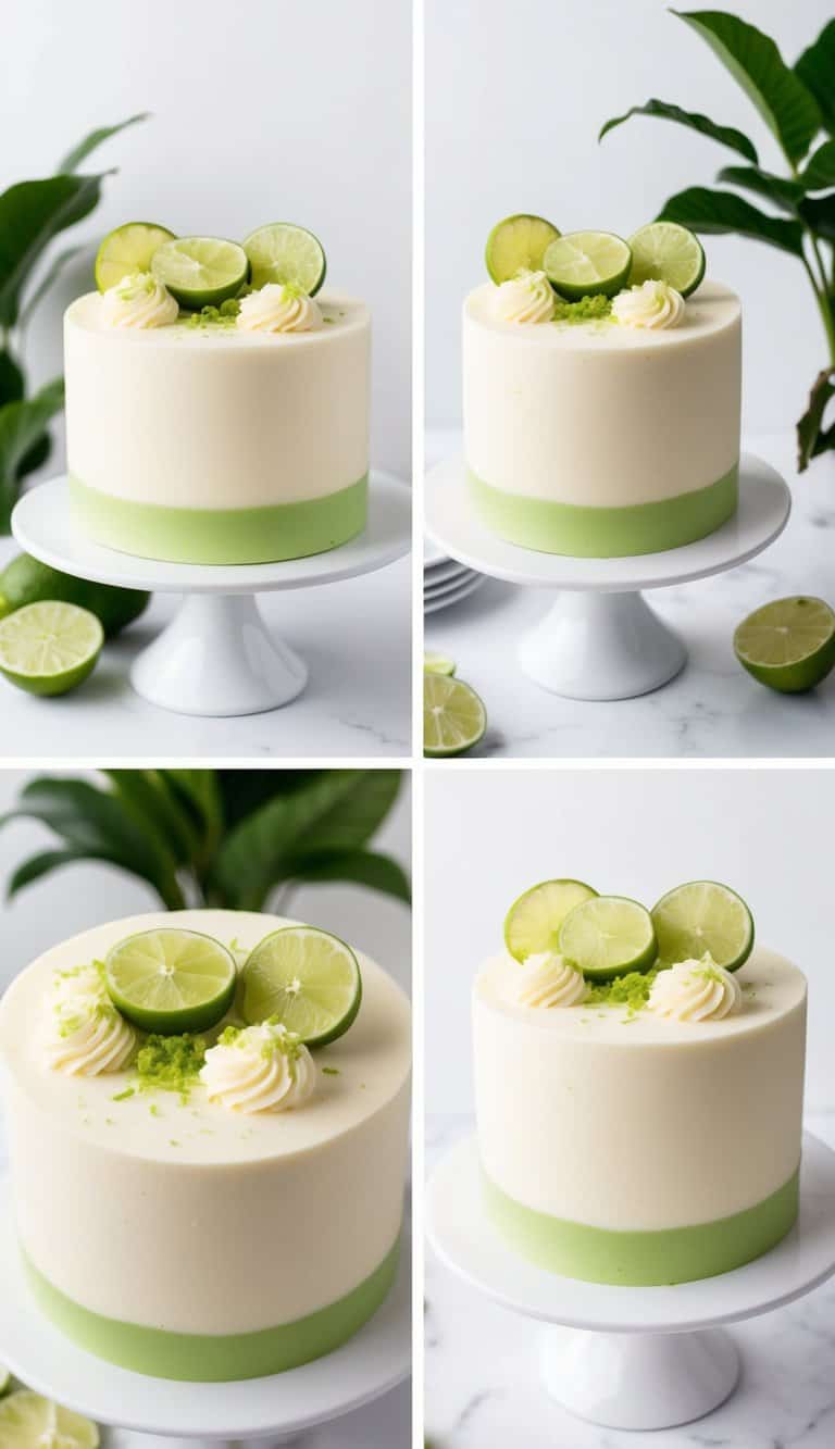 A vibrant key lime cake with a smooth, creamy frosting topped with fresh lime slices and zest