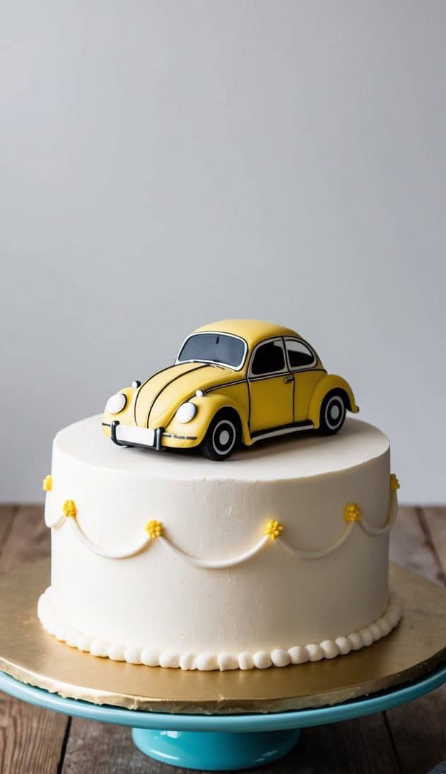 A white frosted cake with a small, yellow car-shaped decoration on top sits on a blue cake stand. The cake is adorned with white swags and small yellow flowers along the sides. The car resembles a classic Volkswagen Beetle.