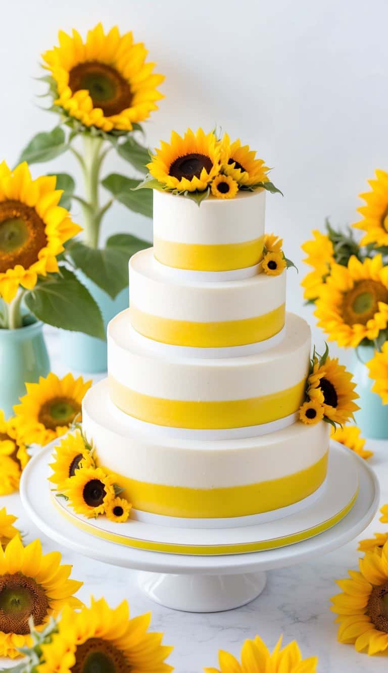 A sunflower cake surrounded by vibrant sunflowers in a cheerful and bright setting