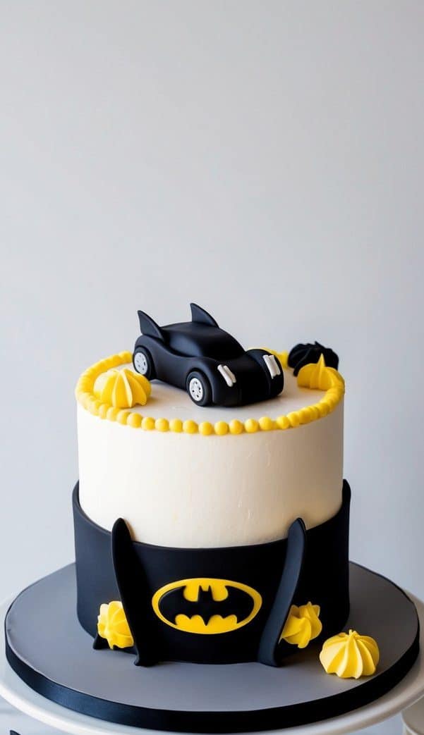 A Batmobile-shaped cake surrounded by fondant car accents and decorations