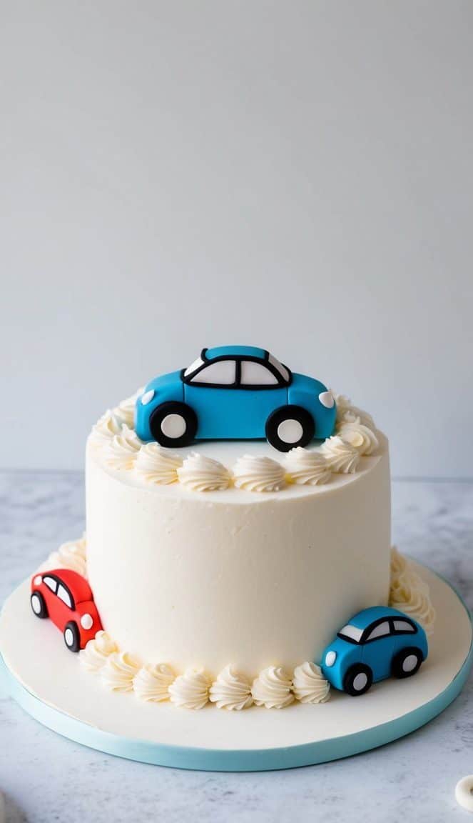 A white frosted cake topped with a blue car decoration, surrounded by yellow, red, and blue car decorations on the side. The cake is set on a white cake stand against a light background.