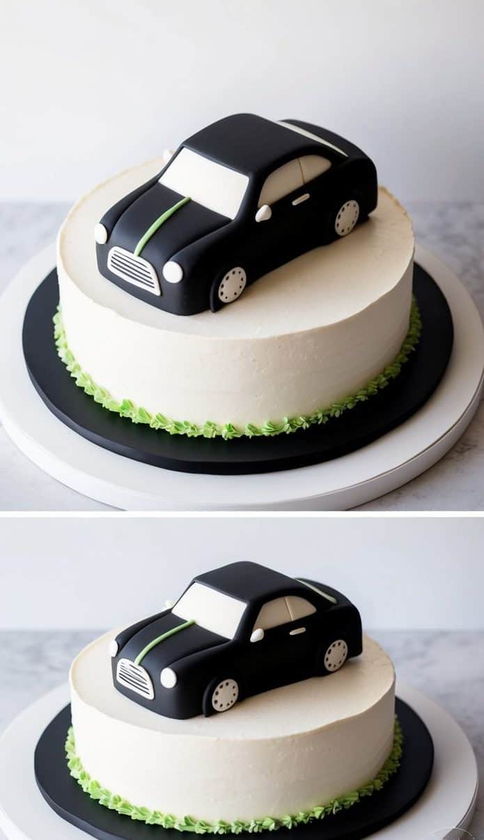 A round cake with white frosting and green decorative trim at the base, topped with a black car-shaped fondant decoration. The car features white wheels and light green racing stripes. The cake sits on a black and white round cake board.