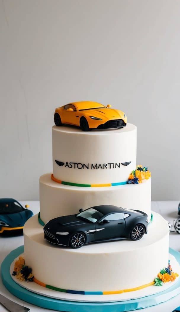 A three-tiered white cake with miniature model cars on each layer, featuring a yellow car on top and a black one in the middle. The cake is decorated with the text "Aston Martin" and surrounded by more toy cars on the table.