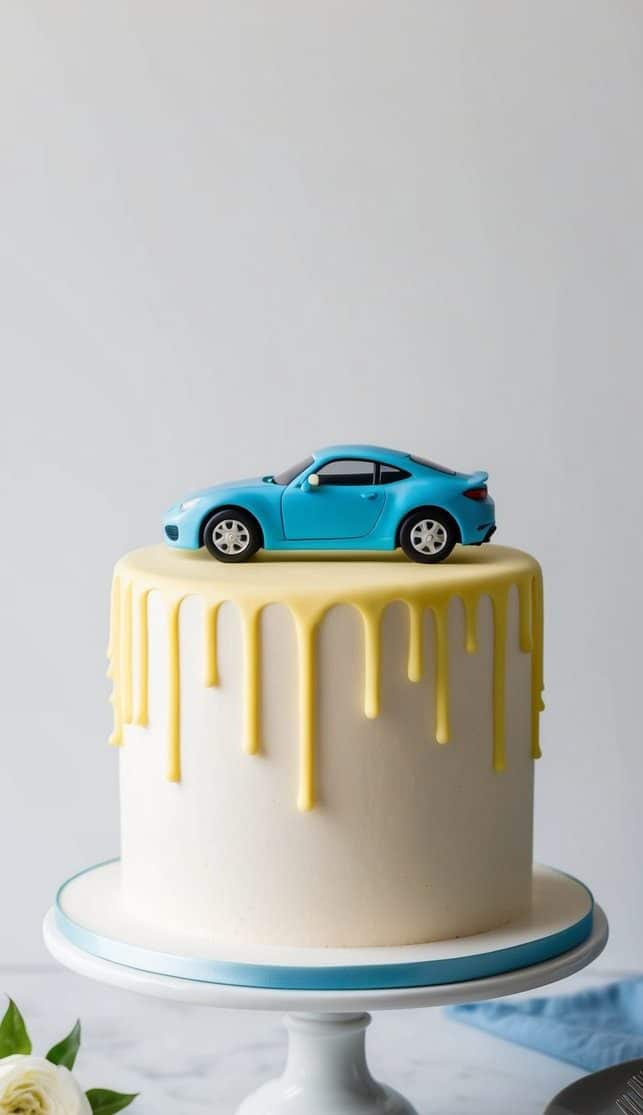 A drip cake topped with a miniature car figurine